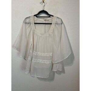 Mudd Sz L Cream White Flowy Blouse with Lace Insets See Through
